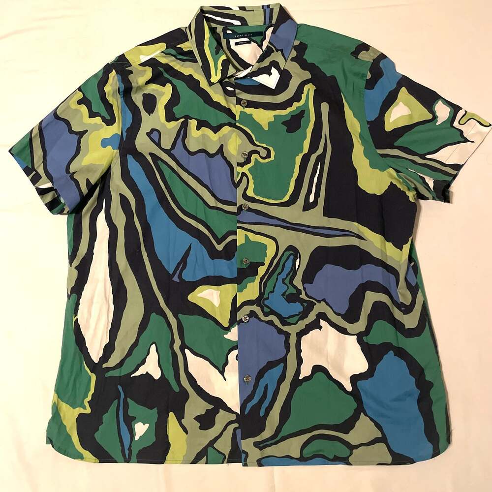 Perry Ellis Mens Polo Collar Short Sleeve Shirt Stretch Green Blue Retro 2XL